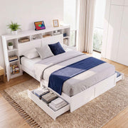 Darrahopens Baby & Kids > Kid's Furniture > Kid's Beds & Bed Frames Artiss Queen Bed Frame with Storage Bookcase Headboard, USB & Type-C Ports & Drawers White In Australia - Darrahopens