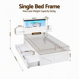 Darrahopens Baby & Kids > Kid's Furniture > Kid's Beds & Bed Frames Artiss Single Bed Frame with Storage Drawers White Platform Bedframe with Bookcase Headboard Charging Station Led Light In Australia - Darrahopens