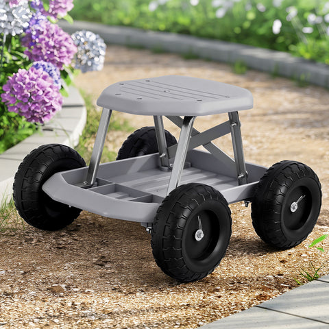 Darrahopens Baby & Kids > Kid's Furniture > Kid's Tables, Chairs & Seats Gardeon Garden Cart Seat with Wheels, Rolling Work Stool with Tool Storage Tray, 440lbs (200kg) Heavy Duty Capacity Garden Stool for Outdoor Yard Work, Car Detailing, and Garage Maintenance, Grey/Black