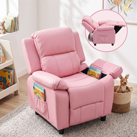Darrahopens Baby & Kids > Kid's Furniture > Kid's Tables, Chairs & Seats Keezi Kids Recliner Chair PU Leather Toddler Lounge Adjustable Backrest w/ Armrest Storage & 2 Side Pockets Pink In Australia - Darrahopens