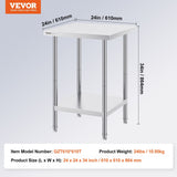 Darrahopens Baby & Kids > Kid's Furniture > Kid's Tables, Chairs & Seats VEVOR Stainless Steel Prep Table, 24 x 24 x 34 Inch, Heavy Duty Metal Worktable with 3 Adjustable Height Levels, Commercial Workstation for Kitchen Garage Restaurant Backyard