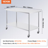 Darrahopens Baby & Kids > Kid's Furniture > Kid's Tables, Chairs & Seats VEVOR Stainless Steel Work Table 30 x 60 x 38 Inch, with 4 Wheels, 3 Adjustable Height Levels, Heavy Duty Food Prep Worktable for Commercial Kitchen Restaurant, Silver