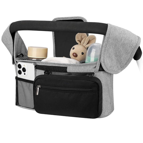Darrahopens Baby & Kids > Strollers > Stroller & Pram Accessories Grey and Black Stitching Universal Stroller Organiser Caddy with Insulated Cup Holders and Detachable Wristlet