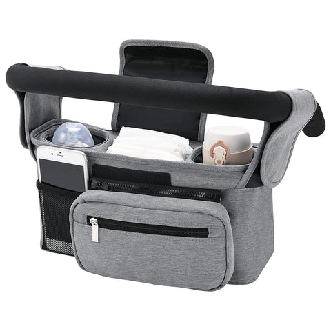 Darrahopens Baby & Kids > Strollers > Stroller & Pram Accessories Grey Universal Stroller Organiser Caddy with Insulated Cup Holders and Detachable Wristlet