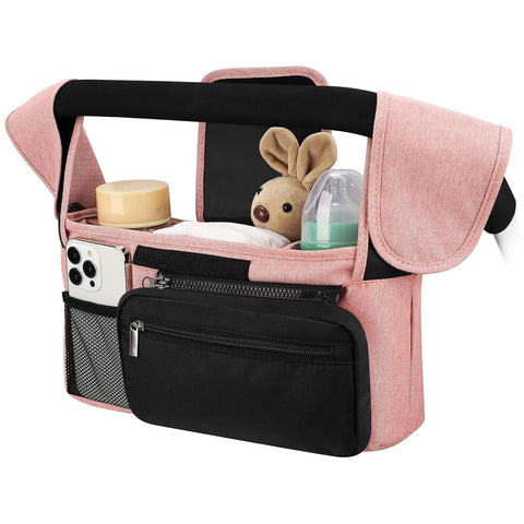 Darrahopens Baby & Kids > Strollers > Stroller & Pram Accessories Pink and Black Stitching Universal Stroller Organiser Caddy with Insulated Cup Holders and Detachable Wristlet