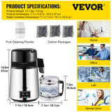 Darrahopens Commercial > Commercial Others > Distilling & Brewing VEVOR 1.1 Gal Water Distiller, 0.3 Gal/H, 750W Distilled Water Maker Machine 0-99H Timing Set Temp Display, 304 Stainless Steel Countertop Distiller Glass Carafe Cleaning Powder 3 Carbon Packs, Silver