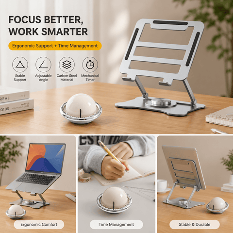 Darrahopens Commercial > Commercial Others > Office Supplies 360° Rotating Laptop Stand(Silver) & Magnetic Mechanical Timer(Beige) Set - Ergonomic Cooling Desk Organizer for Study, Cooking & Productivity