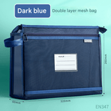 Dark blue Double Layer Mesh File Bag with Handle Large Capacity Student Subject Organizer