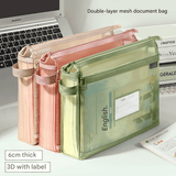 Morandi blue Double Layer Mesh File Bag with Handle Large Capacity Student Subject Organizer