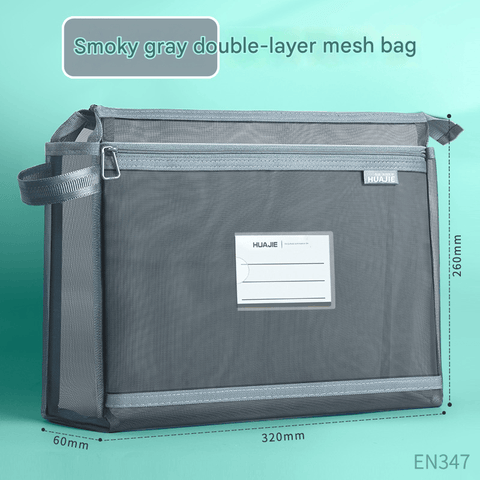 Smoky grey Double Layer Mesh File Bag with Handle Large Capacity Student Subject Organizer