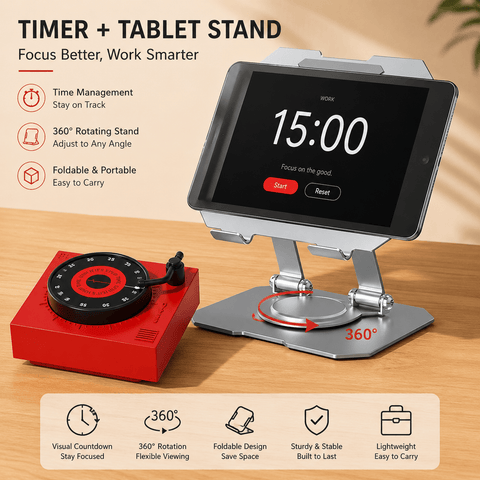 Darrahopens Commercial > Commercial Others > Office Supplies Study Focus Timer (red) and Foldable Metal Tablet Stand (Silver) Set, Mechanical Countdown Timer with Adjustable Aluminium Alloy Device Holder