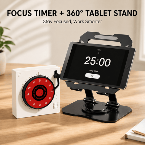 Darrahopens Commercial > Commercial Others > Office Supplies Study Focus Timer (White) and Foldable Metal Tablet Stand (Black) Set, Mechanical Countdown Timer with Adjustable Aluminium Alloy Device Holder