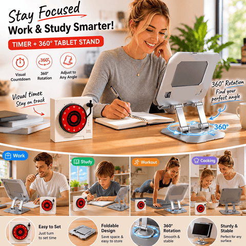 Darrahopens Commercial > Commercial Others > Office Supplies Study Focus Timer (White) and Foldable Metal Tablet Stand (Silver) Set, Mechanical Countdown Timer with Adjustable Aluminium Alloy Device Holder
