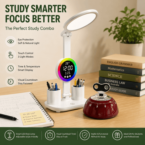 Darrahopens Commercial > Commercial Others > Office Supplies Study Smarter Bundle LED Reading Lamp with Smart Display Pen Holders & Red Magnetic Countdown Timer