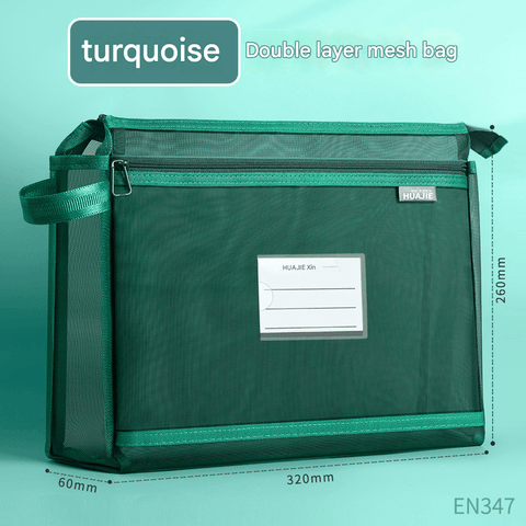 Turquoise Double Layer Mesh File Bag with Handle Large Capacity Student Subject Organizer