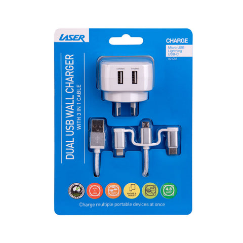 Darrahopens Electronics > Battery Chargers & Power > Power Banks & Chargers Laser Dual USB AC Charger 2.4A with 3-in-1 Cable White