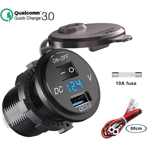 Darrahopens Electronics > Battery Chargers & Power > Power Banks & Chargers QC 3.0 Car USB Socket 12V 24V Waterproof Charger with Switch and LED Voltmeter