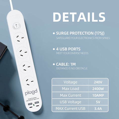 Darrahopens Electronics > Battery Chargers & Power > Powerboards & Adapters Plugd 2 USB A + 2 USB C 240V 10A Powerboard with Surge Protection