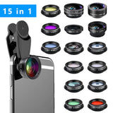 Darrahopens Electronics > Business & Home Security > Security Cameras & Accessories 15-in-1 kit with multiple special effects functions, compatible with iPhone and Android smartphones. Includes: 198 fisheye, 0.63x wide angle, 15x macro, 2x telephoto, CPL polarizer, kaleidoscope lens, star filter, mist filter, radial filter, split zone fi