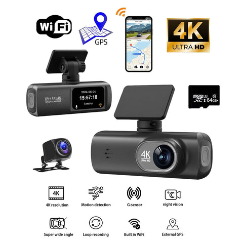 Darrahopens Electronics > Business & Home Security > Security Cameras & Accessories 4K Front and Rear Dual Dash Cam WiFi GPS Car Camera with 64GB SD Card