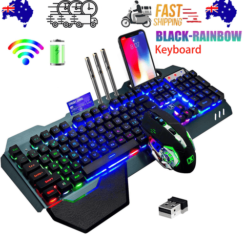 Darrahopens Electronics > Computer Accessories > Keyboards & Accessories 104 Keys Wireless Gaming Keyboard Mouse Set+Mouse Pad, RGB LED Backlit PC/Laptop Black-Rainbow