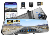 Darrahopens Electronics > Computer Accessories > Webcams 12" Black Dual 4K+1080P Rear View Mirror Dash Cam with WiFi 6, GPS, Night Vision, 64GB