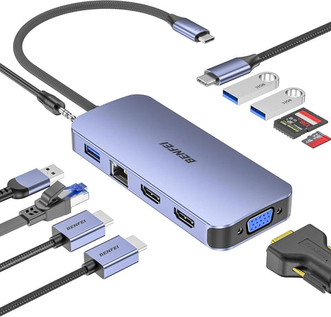 Darrahopens Electronics > Computers & Tablets > Desktops & Accessories BENFEI 000359GY  11-in-1 USB C Hub Triple Display Docking Station Dual HDMI, VGA, 3xUSB 3.0, 10Gbps
