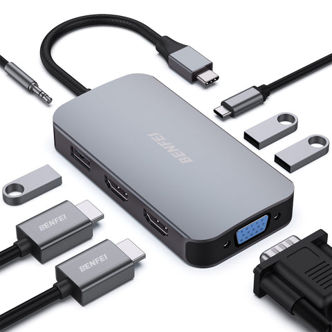 Darrahopens Electronics > Computers & Tablets > Desktops & Accessories BENFEI 335GY USB-C Hub with Triple Display, 8-in-1 Docking Station (100W PD, Dual 4K HDMI, VGA, 3x USB 3.0)
