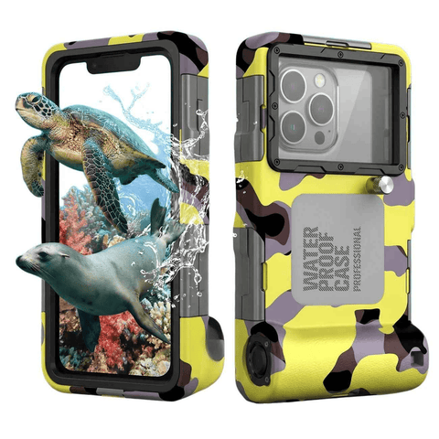 Darrahopens Electronics > Mobile Accessories > Phone Cases & Screen Protectors 15m Waterproof Phone Case for Diving & Surfing - 1 Hour Underwater Shooting, Dual Seal, Zinc Alloy Buckle, Fits iPhone Samsung Xiaomi up to 6.9 Inch(Camouflage yellow+black)
