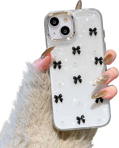 Darrahopens Electronics > Mobile Accessories > Phone Cases & Screen Protectors Compatible with iPhone 15 Plus, Bling Glitter 3D Bowknot Phone Case Cute Sparkly Crystal Clear Bowknot Slim Soft Durable Protective Case Black iPhone 15 Plus
