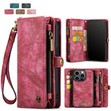Darrahopens Electronics > Mobile Accessories > Phone Cases & Screen Protectors Detachable 2-in-1 Wallet Case for iPhone16, Samsung with Card Holder, Retro Premium Flip Leather Case Magnetic Zipper Pocket Mobile Phone Case Dark Pink iPhone16 Plus