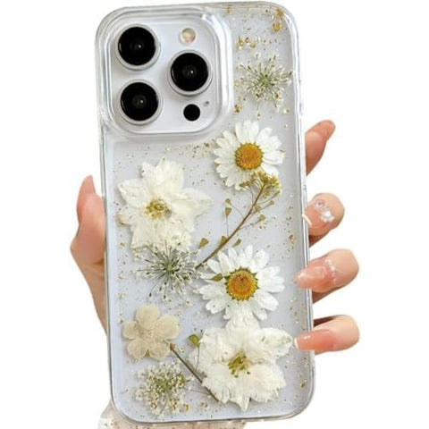 Darrahopens Electronics > Mobile Accessories > Phone Cases & Screen Protectors iPhone 16 Plus Case with Real Flowers Design, Transparent Glitter Floral TPU Slim Soft Protective Case for Women