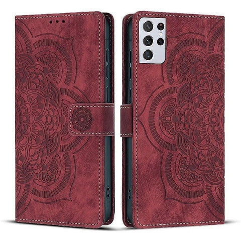 Darrahopens Electronics > Mobile Accessories > Phone Cases & Screen Protectors Mandala Embossed Retro Frosted Leather Phone Case Red For Samsung Galaxy S21 Ultra 5G