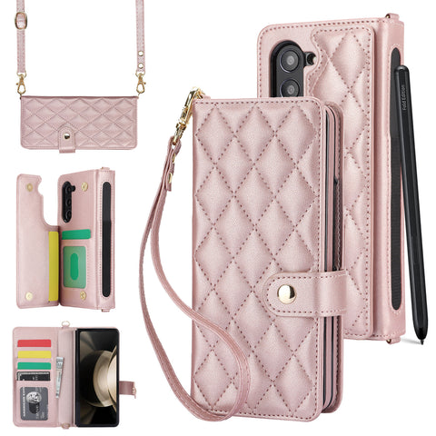 Darrahopens Electronics > Mobile Accessories > Phone Cases & Screen Protectors Rose Gold Galaxy Z Fold4 Multi-Functional Leather Wallet Case for Samsung Z Fold Series - Crossbody with Pen Slot, Quilted Design Pen Not Included
