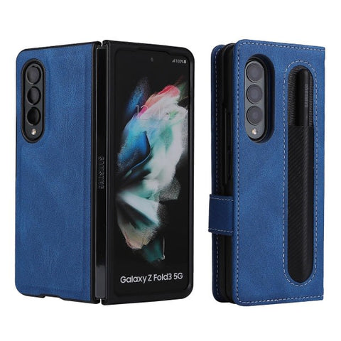 Darrahopens Electronics > Mobile Accessories > Phone Cases & Screen Protectors Samsung Galaxy Z Fold 3 Case, Magnetic Leather Protective Cover with Card Slot \u0026 Stand, Compatible with Samsung, Blue