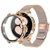 Darrahopens Electronics > Mobile Accessories > Phone Cases & Screen Protectors Stainless Steel Bracelet Compatible with Samsung Galaxy Watch 4 5 6 40mm 44mm Mesh Loop Bling Case Gold Set
