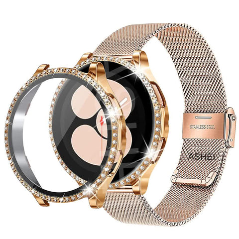 Darrahopens Electronics > Mobile Accessories > Phone Cases & Screen Protectors Stainless Steel Bracelet Compatible with Samsung Galaxy Watch 4 5 6 40mm 44mm Mesh Loop Bling Case Gold Set
