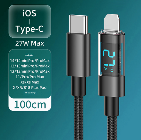 Darrahopens Electronics > Mobile Accessories > Phone Chargers 1 Meter IOS To Type-C 4-Piece Set 1m 100W Super Fast Charge Transparent Aluminum Shell Digital Display Data Cable - IOS Type-C Fast Charge Cable