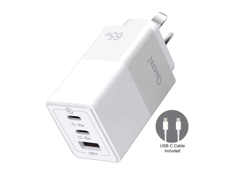 Darrahopens Electronics > Mobile Accessories > Phone Chargers OXHORN NB-PD65CCAW PD GaN Charger 65W 3 Ports White