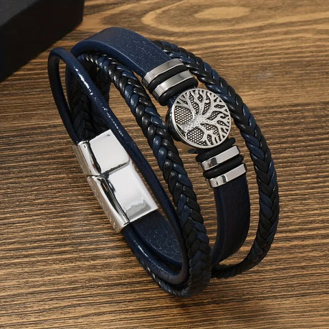 Darrahopens Fashion > Men's Fashion > Men's Accessories 2PCS Handwoven Tree of Life Magnetic Clasp Bracelet, featuring a blue synthetic leather double-layer design. Blending vintage charm with contemporary style, it symbolizes flourishing life and is perfect for both personal wear and thoughtful gifting.