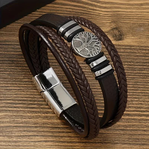 Darrahopens Fashion > Men's Fashion > Men's Accessories 2PCS Handwoven Tree of Life Magnetic Clasp Bracelet, featuring a brown synthetic leather double-layer design. Blending vintage charm with contemporary style, it symbolizes flourishing life and is perfect for both personal wear and thoughtful gifting.