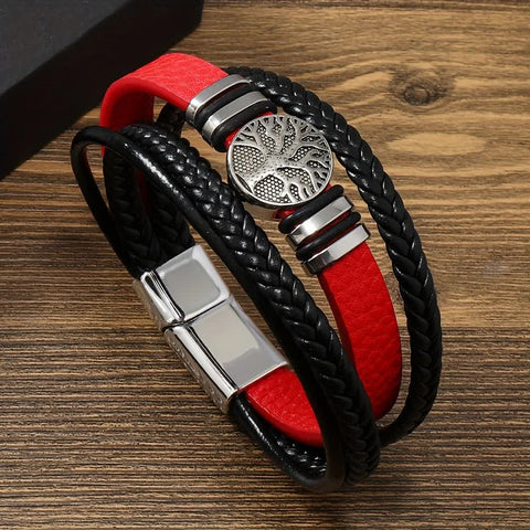Darrahopens Fashion > Men's Fashion > Men's Accessories 2PCS Handwoven Tree of Life Magnetic Clasp Bracelet, Red-Black Synthetic Leather Double-Layer Design, Vintage Style, Symbolizing Flourishing Life, Ideal for Personal Use or Gifting.