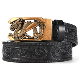 Darrahopens Fashion > Men's Fashion > Men's Accessories Black 120CM Men's Genuine Cowhide Vintage Carved Belt with Gold Dragon Design Automatic Sliding Buckle
