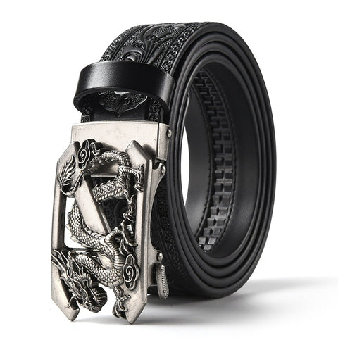 Darrahopens Fashion > Men's Fashion > Men's Accessories Black 120CM Men's Genuine Cowhide Vintage Carved Belt with Sliver Dragon Design Automatic Sliding Buckle