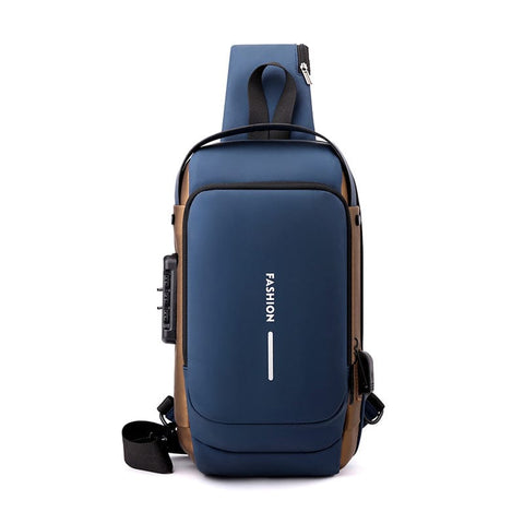Darrahopens Fashion > Men's Fashion > Men's Accessories Blue Gold High Capacity Anti-Theft Tactical Chest Bag - Waterproof Leather-Film Sling with USB Charging & TSA Password Lock
