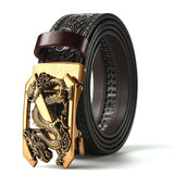 Darrahopens Fashion > Men's Fashion > Men's Accessories Brown 120CM Men's Genuine Cowhide Vintage Carved Belt with Gold Dragon Design Automatic Sliding Buckle
