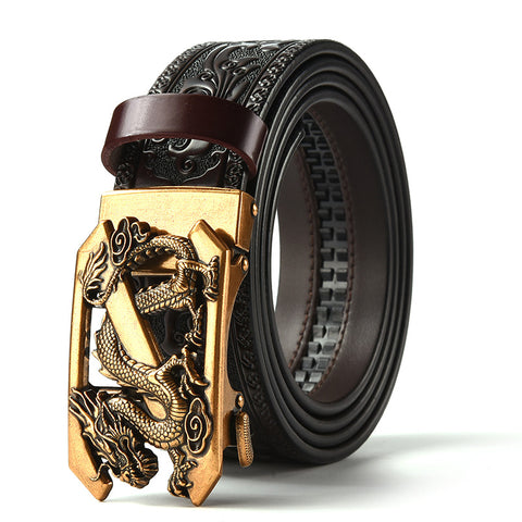 Darrahopens Fashion > Men's Fashion > Men's Accessories Brown 120CM Men's Genuine Cowhide Vintage Carved Belt with Gold Dragon Design Automatic Sliding Buckle