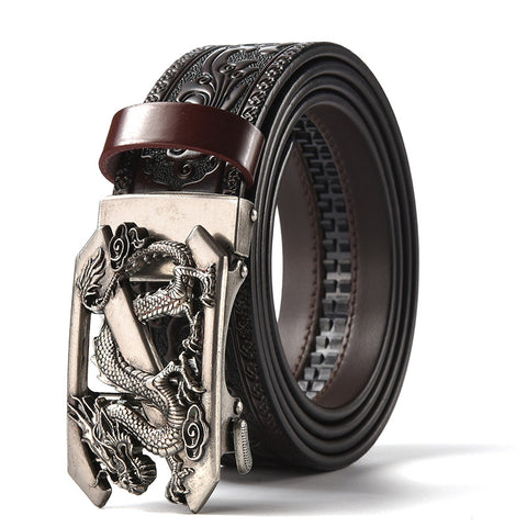 Darrahopens Fashion > Men's Fashion > Men's Accessories Brown 120CM Men's Genuine Cowhide Vintage Carved Belt with Sliver Dragon Design Automatic Sliding Buckle