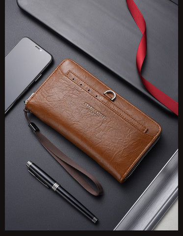 Darrahopens Fashion > Men's Fashion > Men's Accessories Brown Classic Long Zipper Wallet Clutch - Large Capacity PU Leather Phone & Card Holder with Wrist Strap