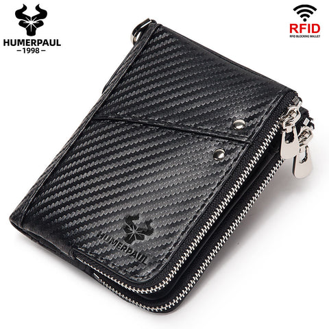Darrahopens Fashion > Men's Fashion > Men's Accessories Carbon Fiber Texture Leather Mens Wallet - RFID Blocking Double Zipper Bifold - Vertical Card Holder with Coin Pockets (Black)
